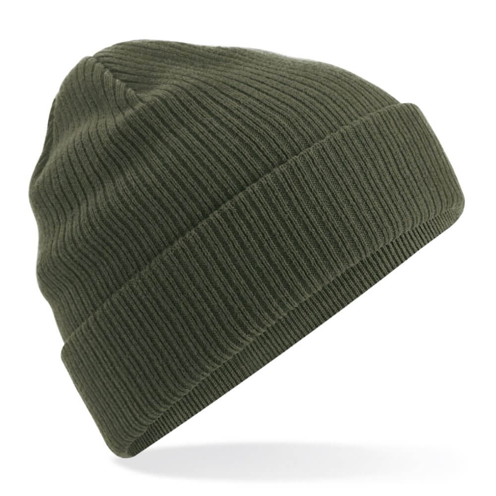 close up of olive green beanie