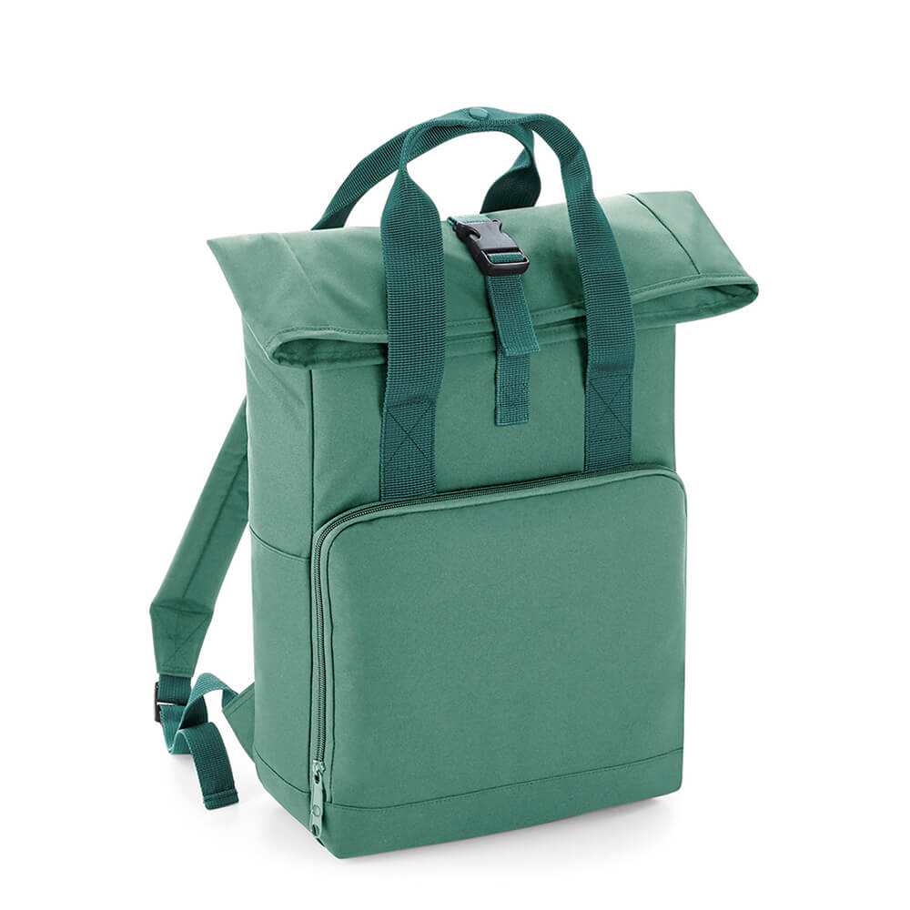 Image of sage green embroidered twin handle rolltop backpack