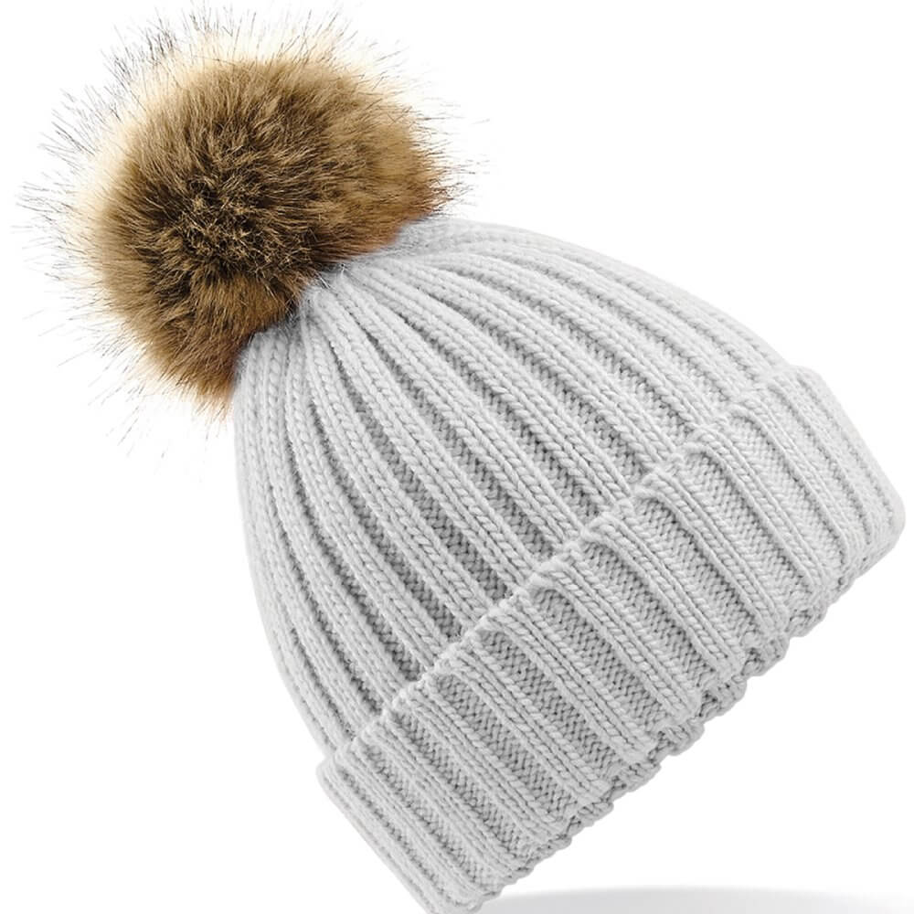 close up of light grey pom pom beanie