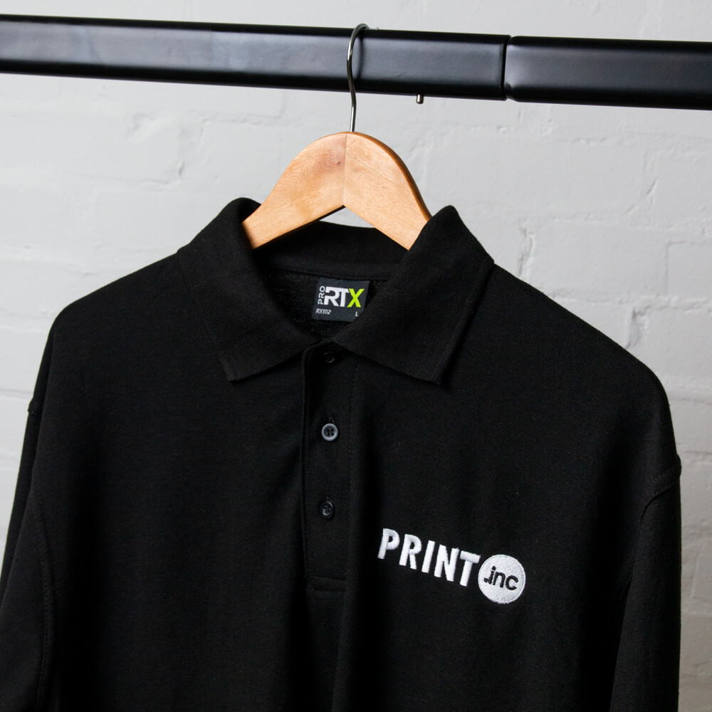 Close up of embroidered polo shirt