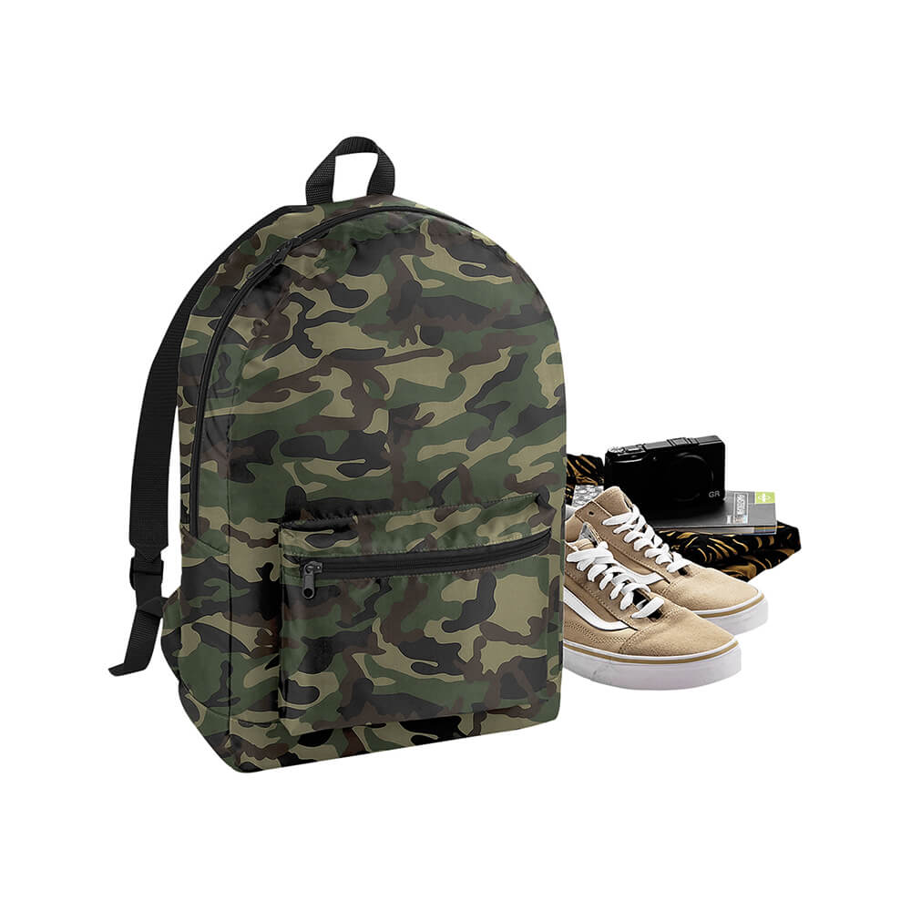image of camo packaway bag with some contents alongside